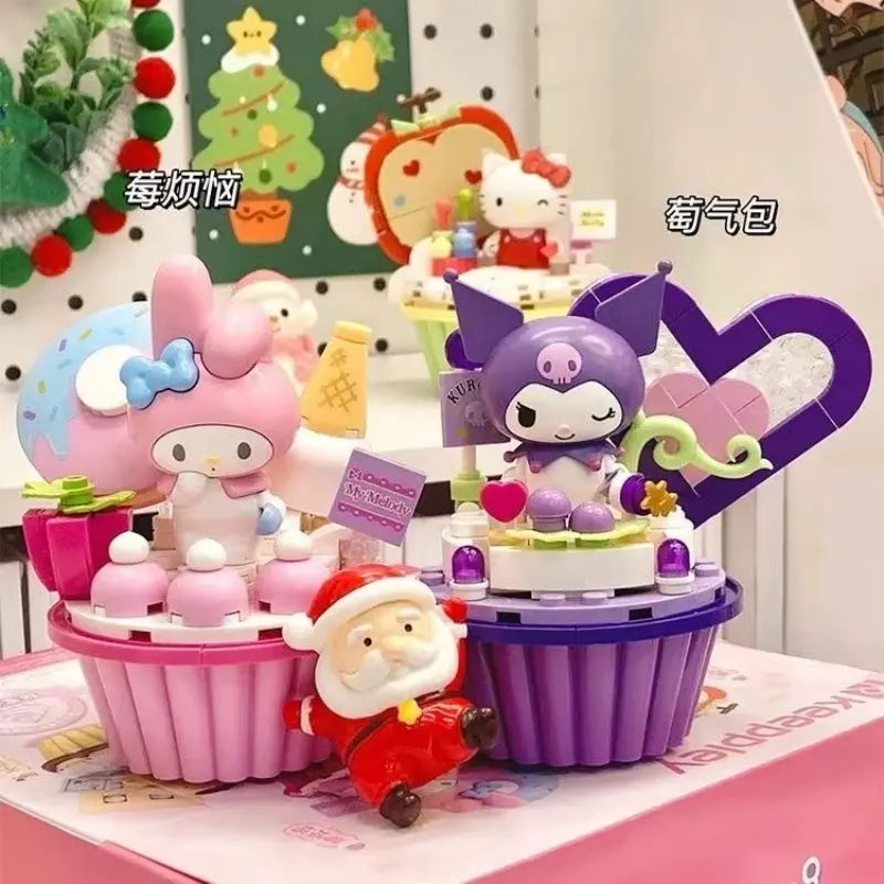 Original Sanrio Anime Cartoon Cake Cup Model DIY Assembled Blocks Figure Hello Kitty Kuromi My Melody Pre-teaching Puzzle Toys