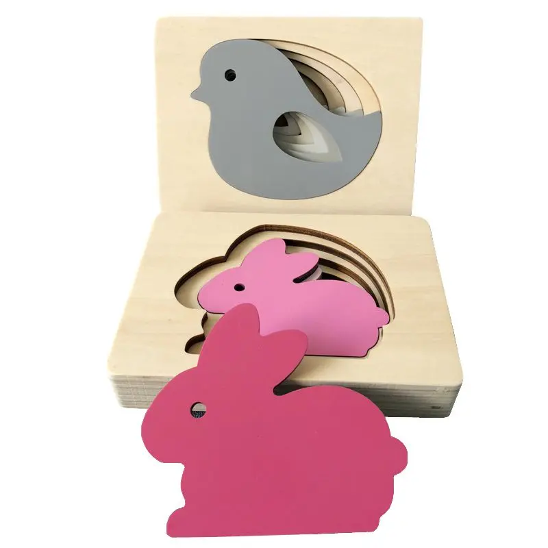Montessori Animal Color Gradient 3D Wooden Panel Puzzle Toys Five-Layer Rainbow Gradient Animal Jigsaw Educational Toys For Kids