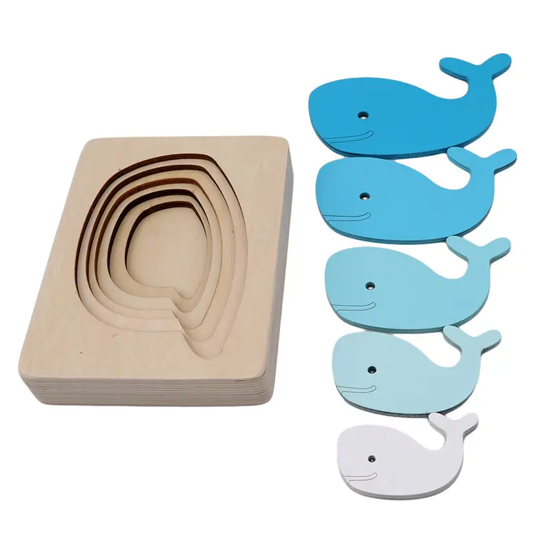 Montessori Animal Color Gradient 3D Wooden Panel Puzzle Toys Five-Layer Rainbow Gradient Animal Jigsaw Educational Toys For Kids