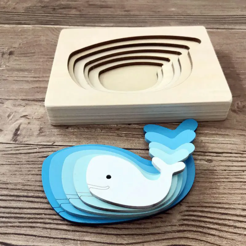 Montessori Animal Color Gradient 3D Wooden Panel Puzzle Toys Five-Layer Rainbow Gradient Animal Jigsaw Educational Toys For Kids