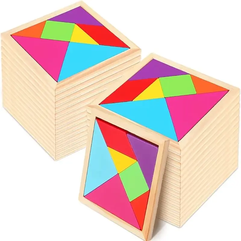 Wooden Tangram Puzzles For Kids With 7 Colored Pieces,Educational Brain Teaser Learning Toy For Boys And Girls Fun Party Favor