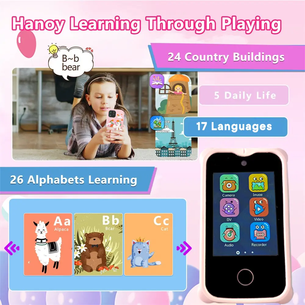 Kids Mini Phone Funny Learning Words Puzzle Game Music Player Dual Camera Alarm Clock Calculator Flashlight Educational Toys