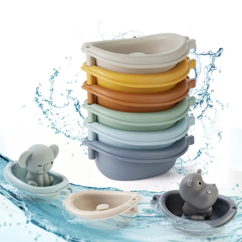 Random 2/3PCS Bath Stacking Boat Toys Children Silicone Finger Set Play in Water with Bucket Bathroom Kids Gift
