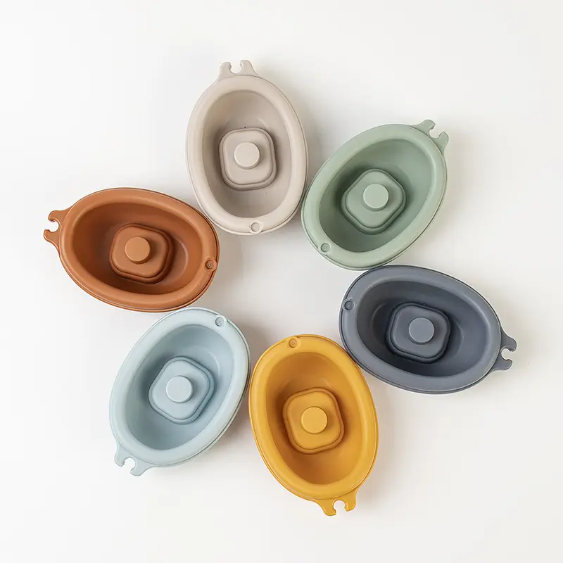 Random 2/3PCS Bath Stacking Boat Toys Children Silicone Finger Set Play in Water with Bucket Bathroom Kids Gift