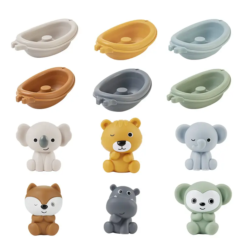 Random 2/3PCS Bath Stacking Boat Toys Children Silicone Finger Set Play in Water with Bucket Bathroom Kids Gift