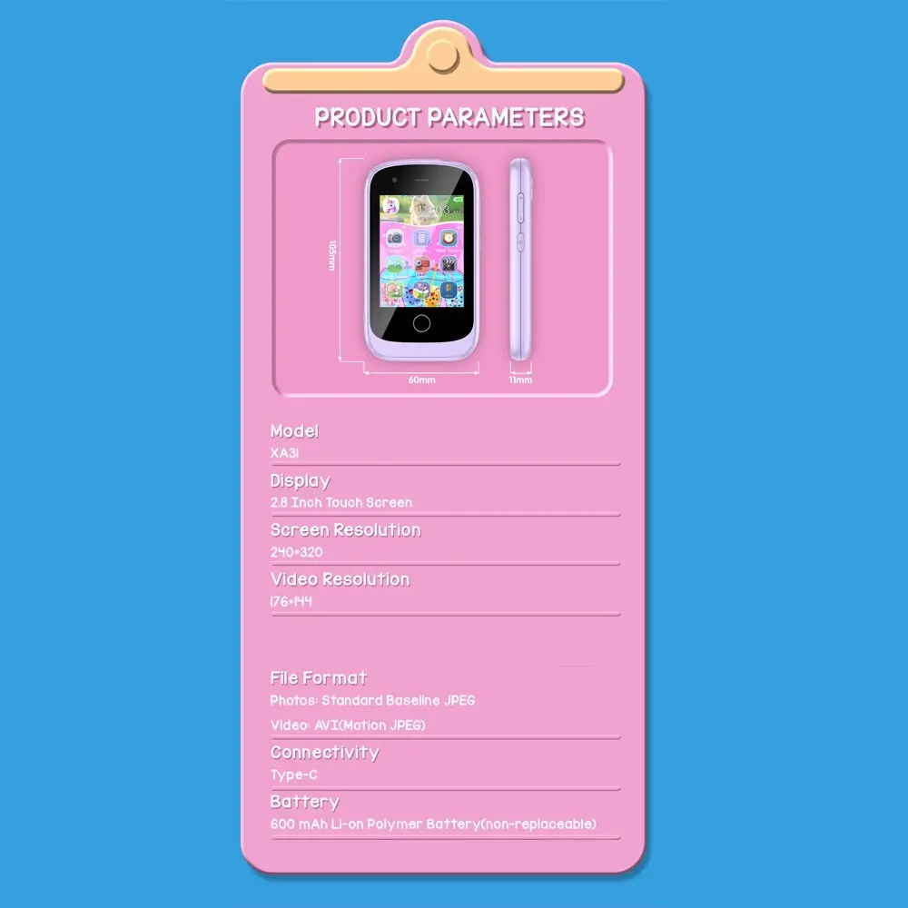 Mini Kids Phone Habit Tracke Camera 2.8inch IPS Word Learn Toy Phone MP3 Player Clock Audio Book Storytelling Eduational Toys