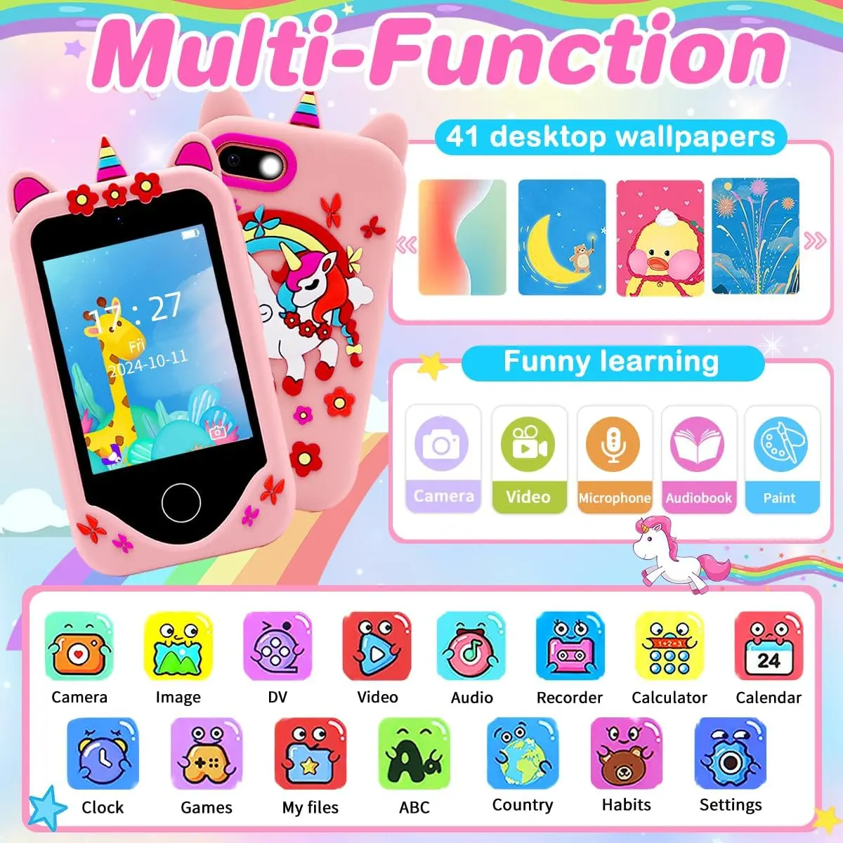 Kids Smart Phone IPS TouchScreen Unicorn Baby Mobile MP3 Music Player Digital Camera Educational Girls Boys Toys Birthday Gifts
