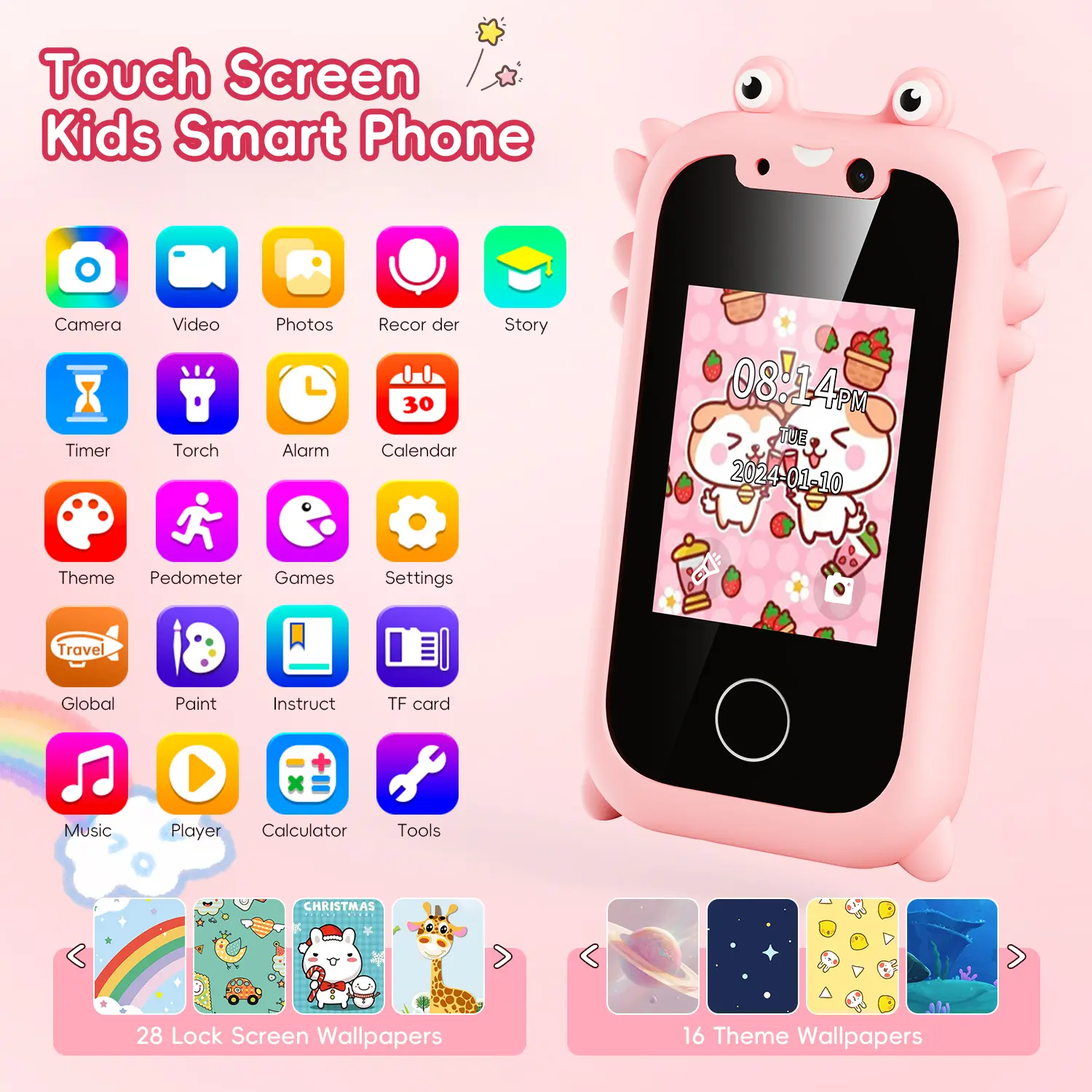 Kids Smart Phone Educational Toys Dual Camera Music Player Baby IPS Touch Screen Phone Game Learning for Age 3-12 Brithday Gifts