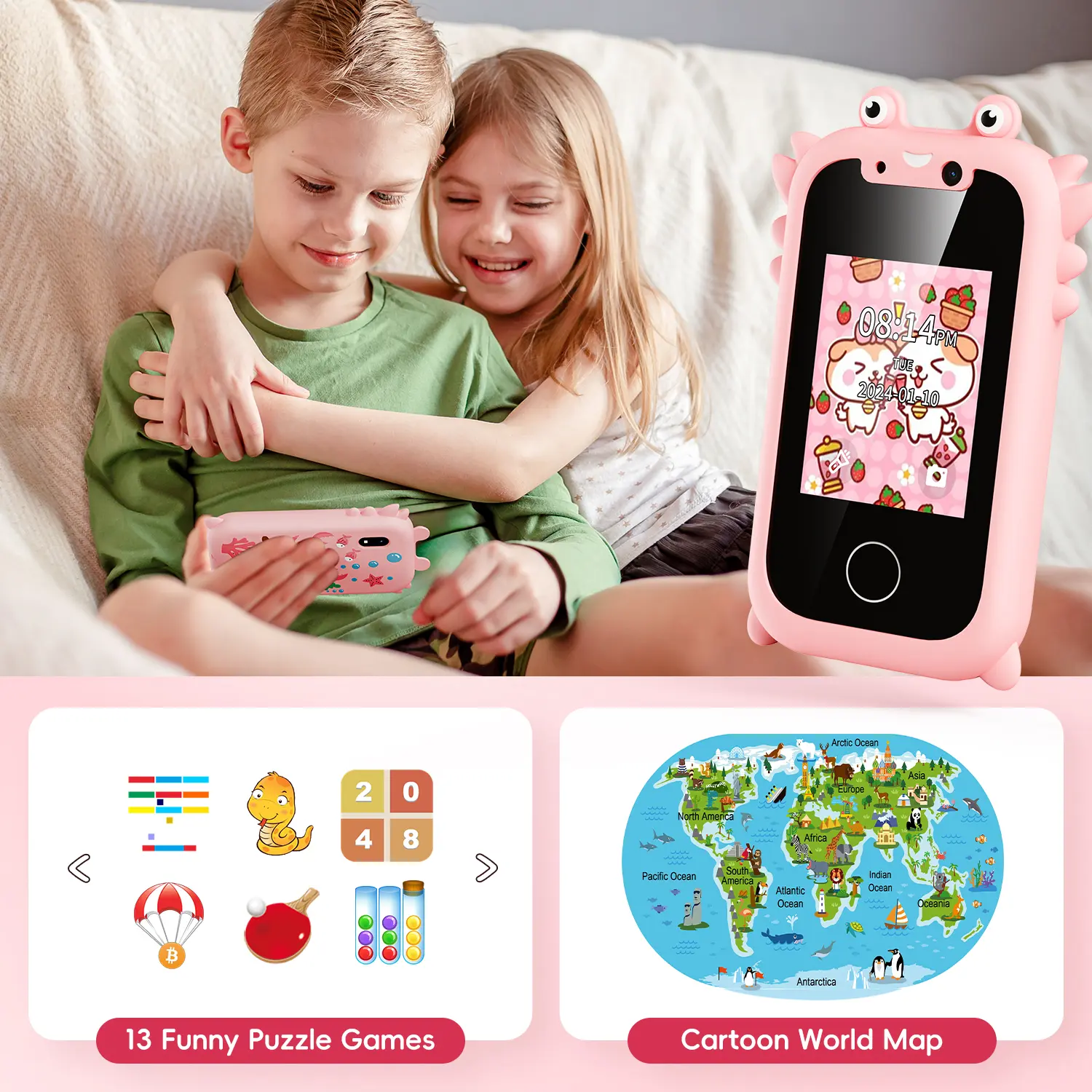 Kids Smart Phone Educational Toys Dual Camera Music Player Baby IPS Touch Screen Phone Game Learning for Age 3-12 Brithday Gifts