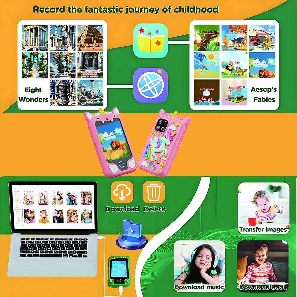 Kids Smart Phone Toy Cartoon Unicorn Music Video Player Mini Smart Phone Educational Toys for Girls Boys Birthday Christmas Gift