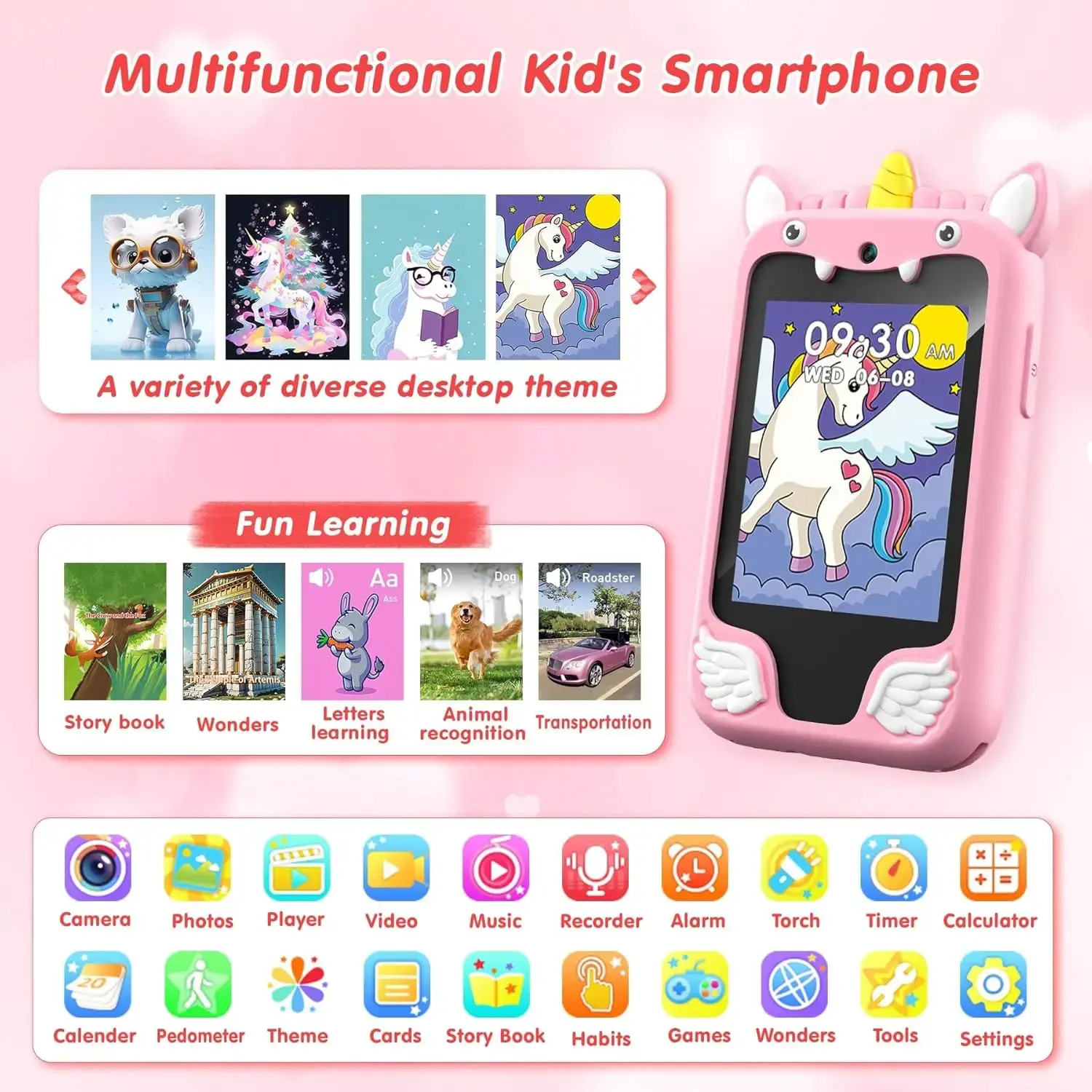 Kids Smart Phone Camera Toys Touchscreen Unicorn Baby Mobile MP3 Player Digital Camera Educational Toys for Girls Boys Age 3-8