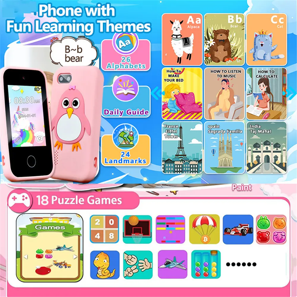 Children Phone Educational Toys 18 Games Musical Toy Baby Mobile Selfie Camera With 32G TF Card Toys for Kids Birthday Gifts