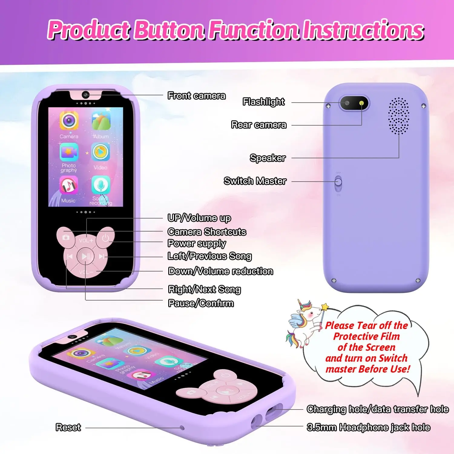 2025 Smart Kids Phone Camera Toy 2.8 Inch Touchscreen Toddler Learning Puzzle Game Music Palyer for Children Best Birthday Gifts