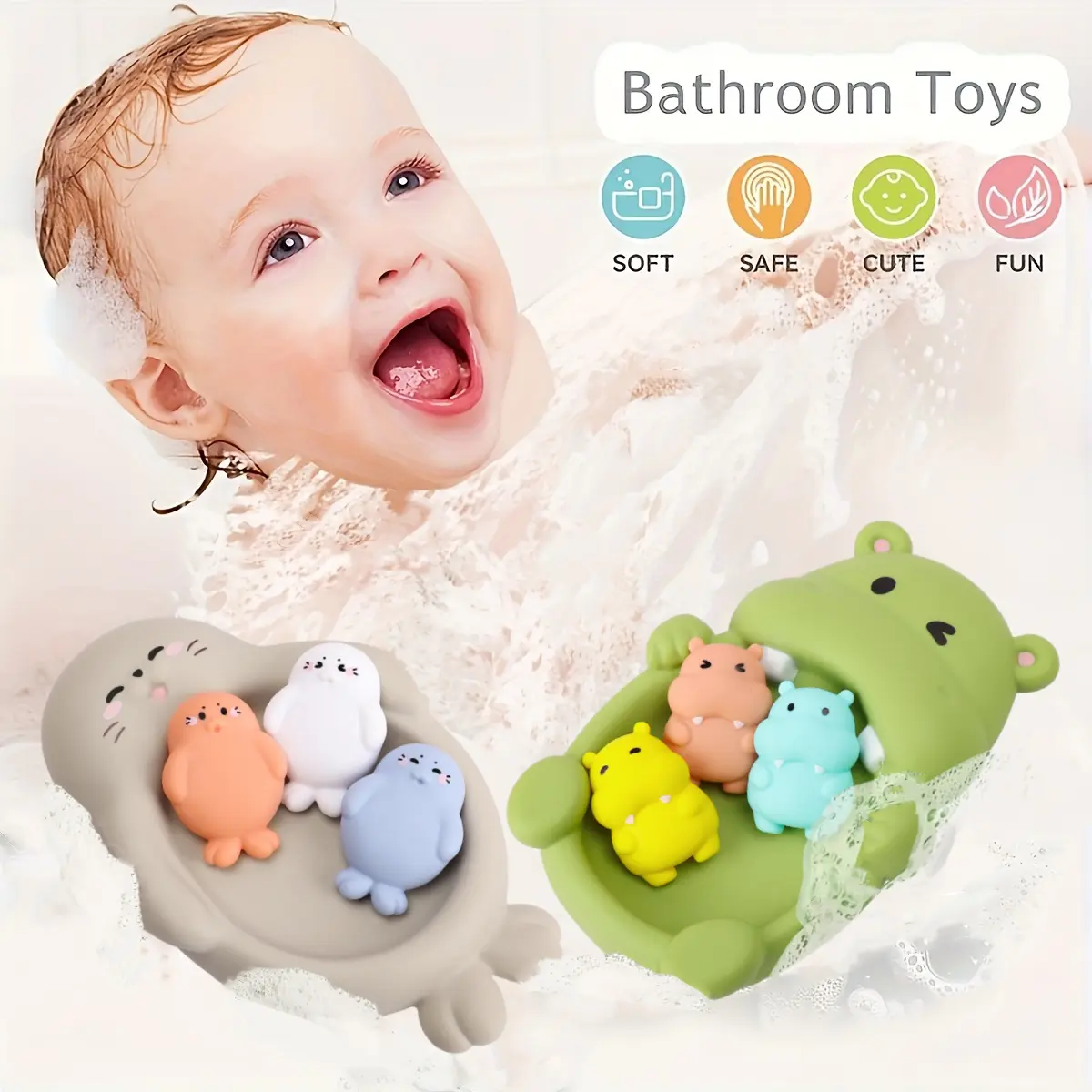 Bathtub Soft Rubber Toy Set, No Holes, Safe,Hippo&Seal Playing in the Water Floating Animal Toy,  Youngsters's Bathing Toy