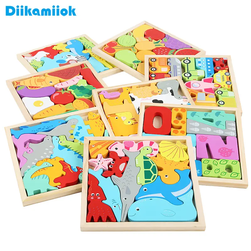 Cartoon Animal 3D Puzzles Fruit and Vegetable Vehicle Learning Montessori Jigsaw Game Kids Wooden Educational Toys for Children