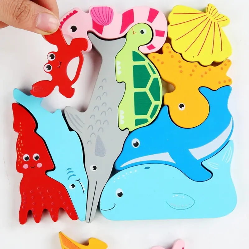 Cartoon Animal 3D Puzzles Fruit and Vegetable Vehicle Learning Montessori Jigsaw Game Kids Wooden Educational Toys for Children