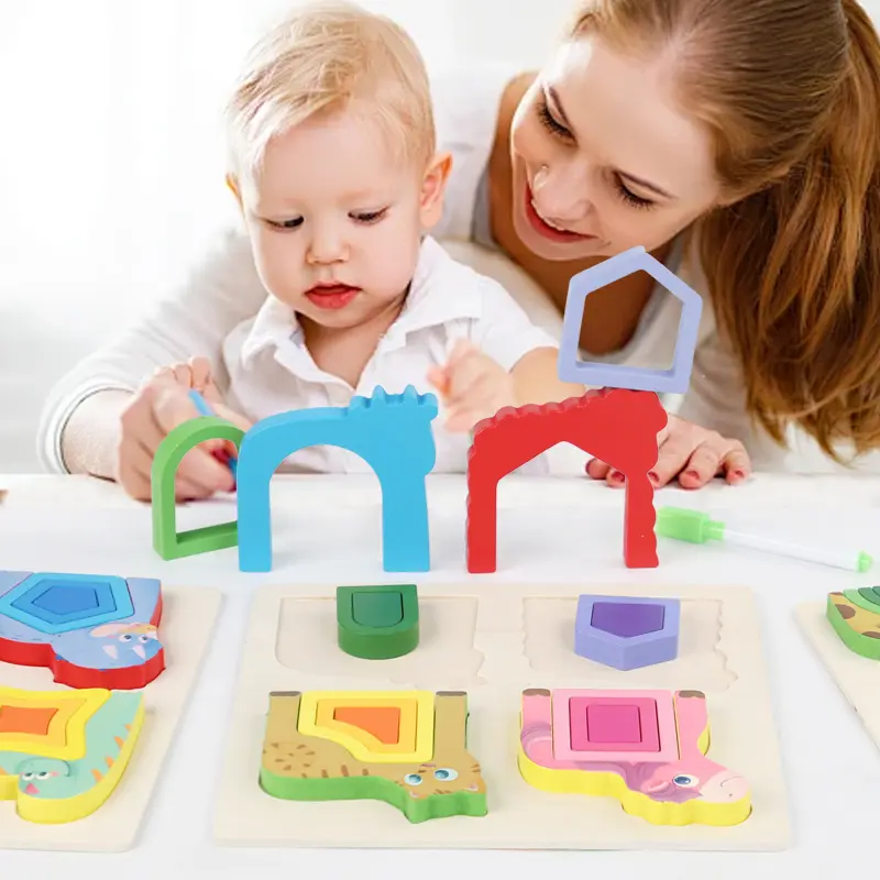 Montessori Animal Jigsaw Puzzle Hand Grasping Nesting Board Wooden Shape Sorting Puzzle Sensory Toys Learning Educational Toys