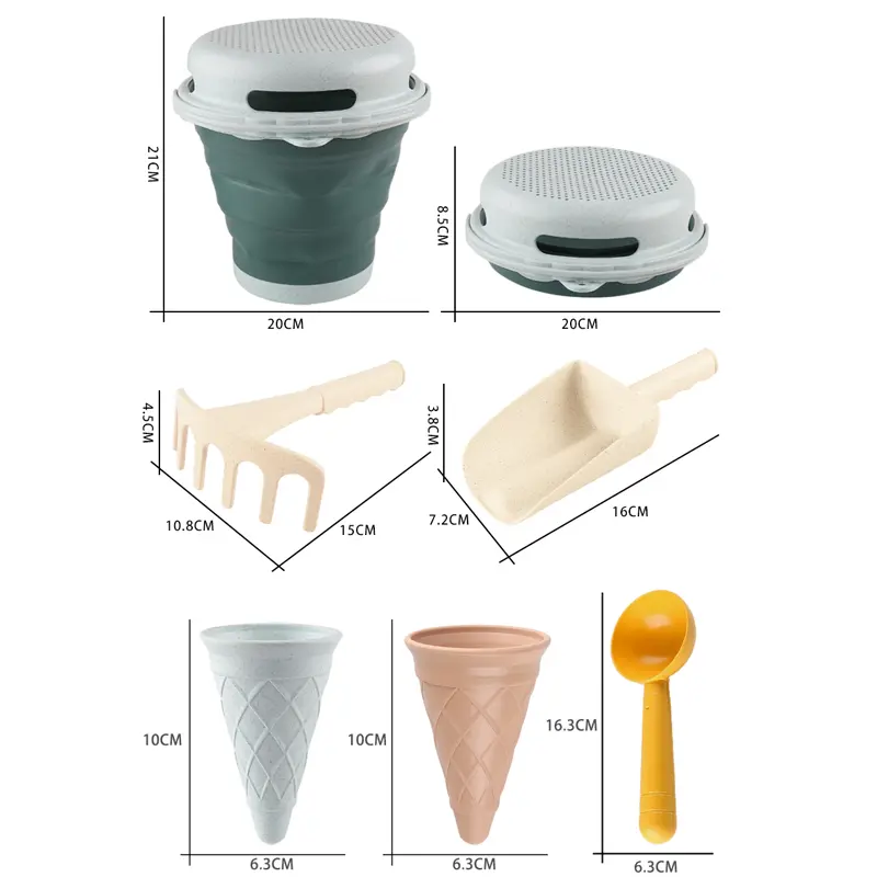Beach Toys Collapsible Bucket Collapsible Carrying Bucket Sand Bucket 7-in-1 Toys, Shovel Rake Ice Cream Toys Kids Beach Toy