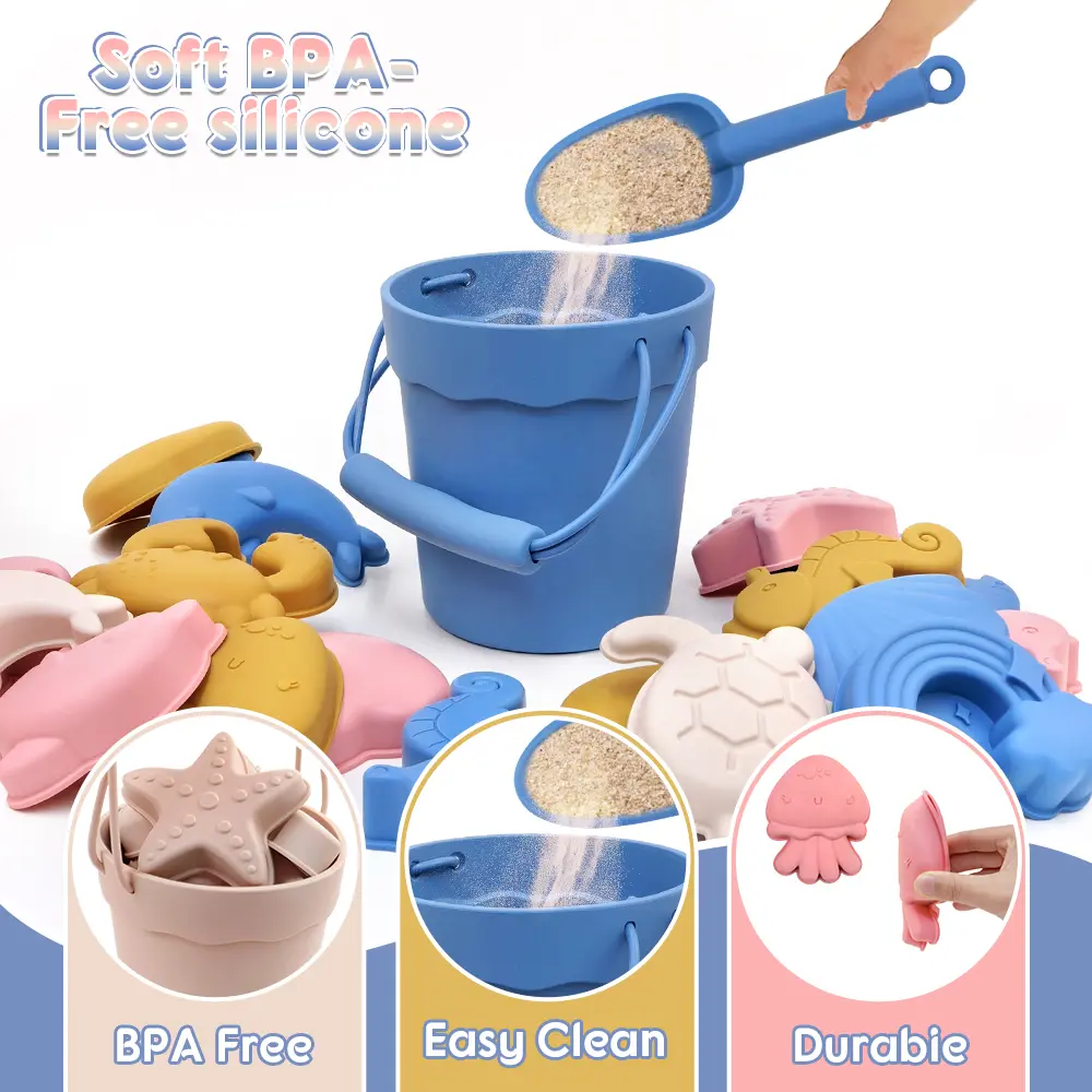 Silicone beach toy set, children's sand shovel toy shovel, handheld beach bucket, parent-child beach sand playing tools