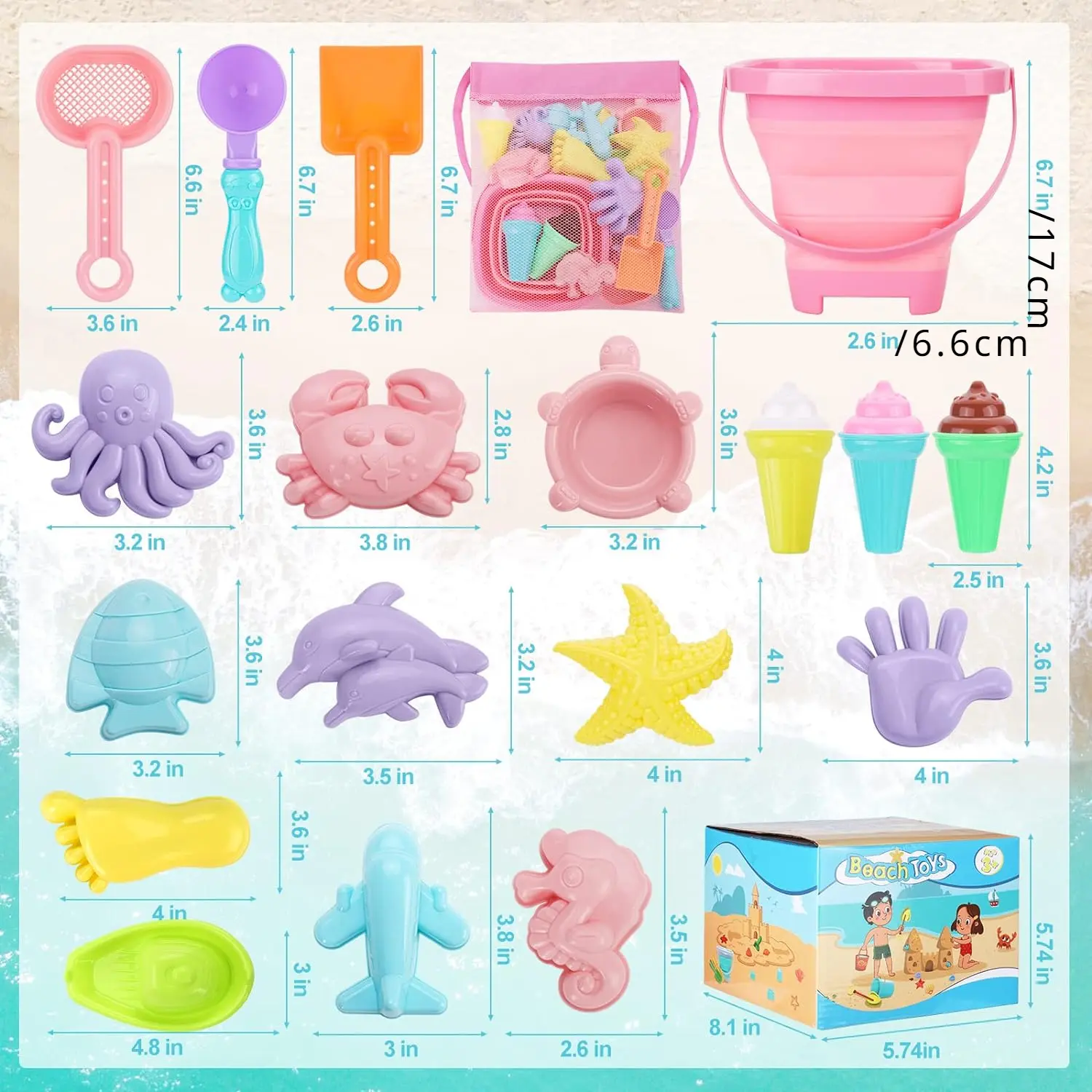 20pcs Beach Toys Set for Kids Toddlers Girls Collapsible Sand Bucket Shovels Set Mesh Bag Sand Molds Ice Cream Travel Sand Toys