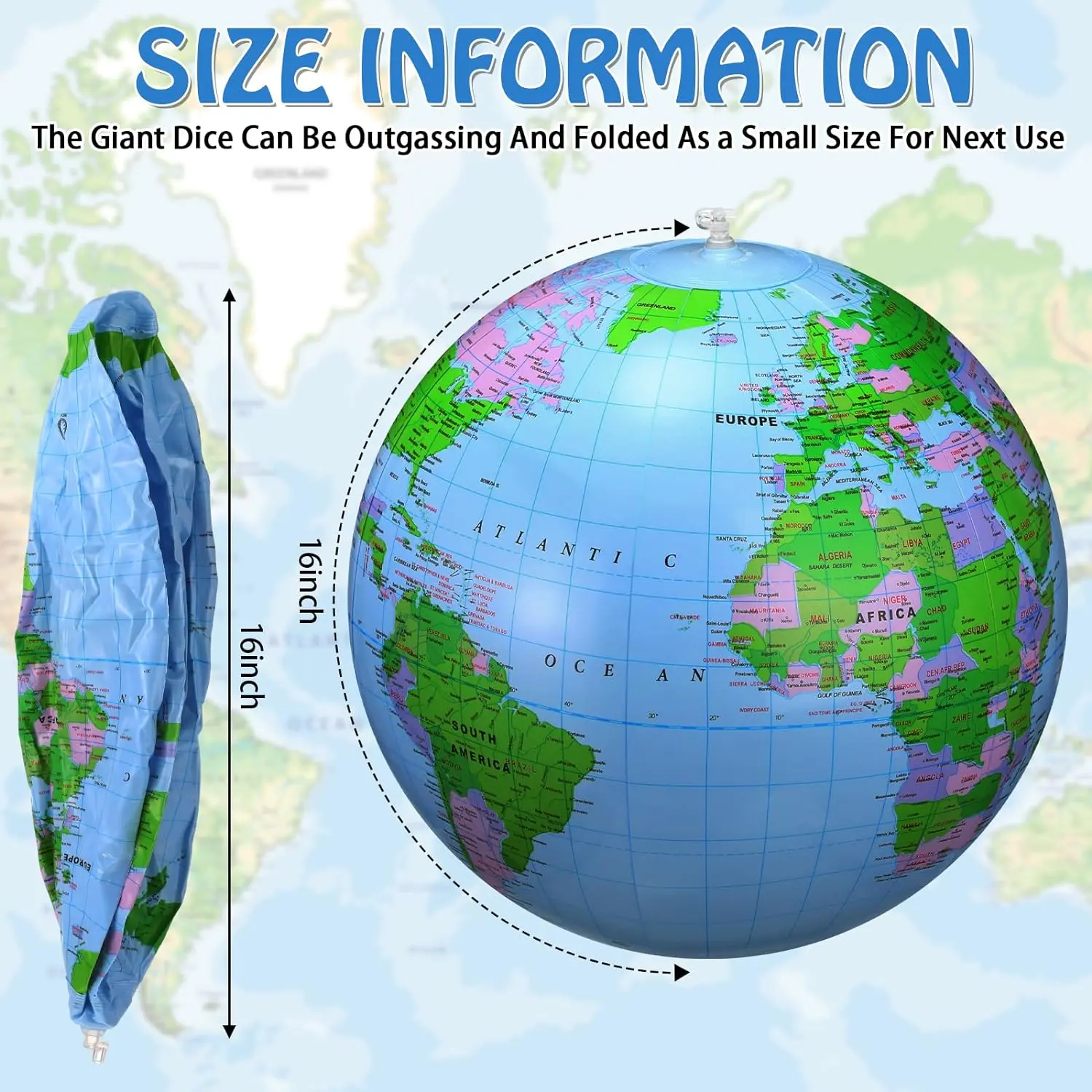 16 Inch Inflatable Globe Blow up World Globe Summer Outdoor PVC Beach Ball for Kids School Classroom Geography Party Supplies