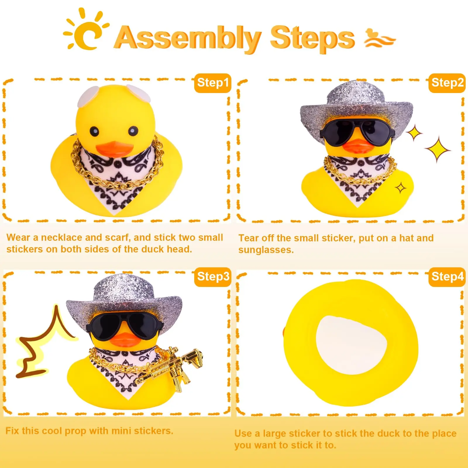 Car Rubber Duck, Yellow Duck Decoration Dashboard with Sun Hat Swim Ring Necklace