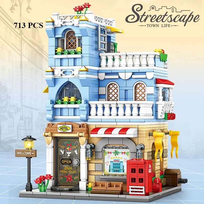 MOC Retro European Hotel Shop Flower House Dress Store Building Blocks Set Commodity Street Hut Toys For Children Birthday Gifts