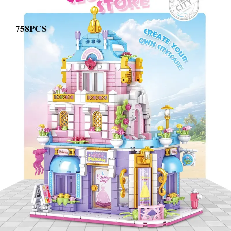 MOC Retro European Hotel Shop Flower House Dress Store Building Blocks Set Commodity Street Hut Toys For Children Birthday Gifts