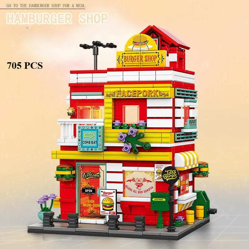 MOC Retro European Hotel Shop Flower House Dress Store Building Blocks Set Commodity Street Hut Toys For Children Birthday Gifts