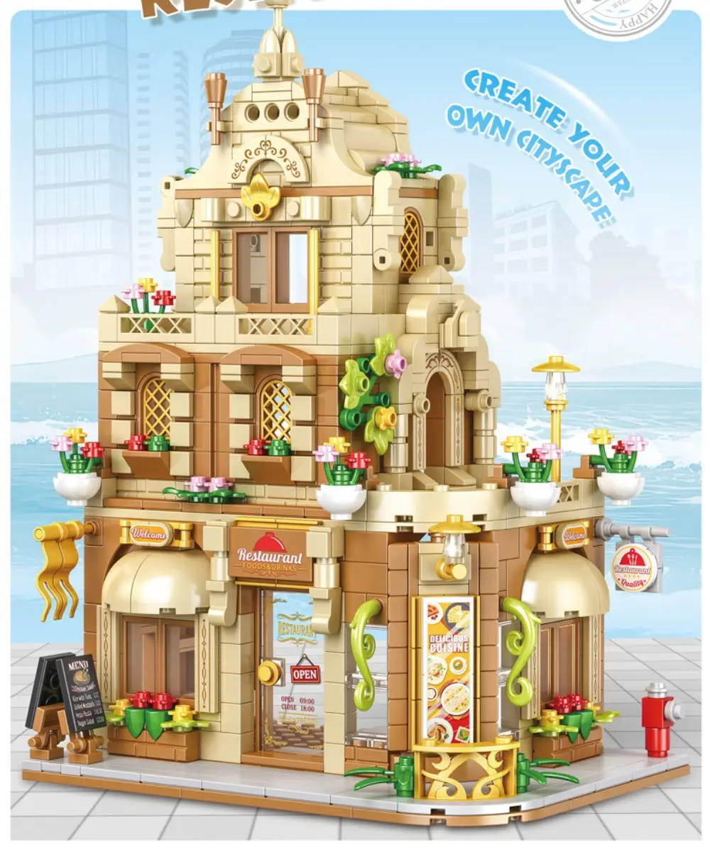 MOC Retro European Hotel Shop Flower House Dress Store Building Blocks Set Commodity Street Hut Toys For Children Birthday Gifts