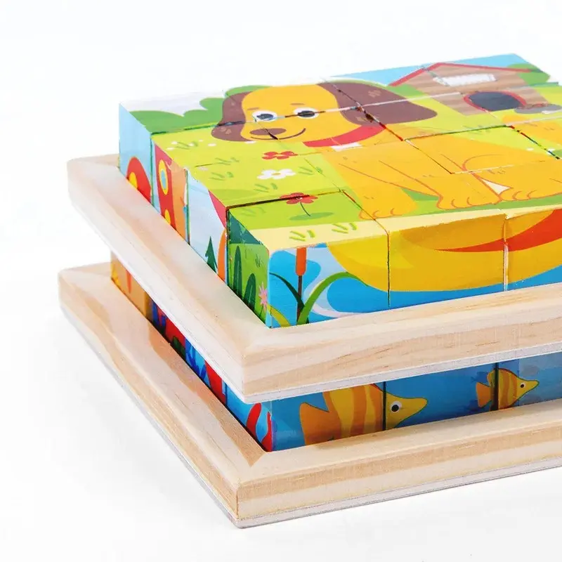 9Pcs Six-sided 3D Cubes Jigsaw Puzzles Tray Wooden Storage Toys For Children Kids Educational Toys Funny Games 3-9 years kids
