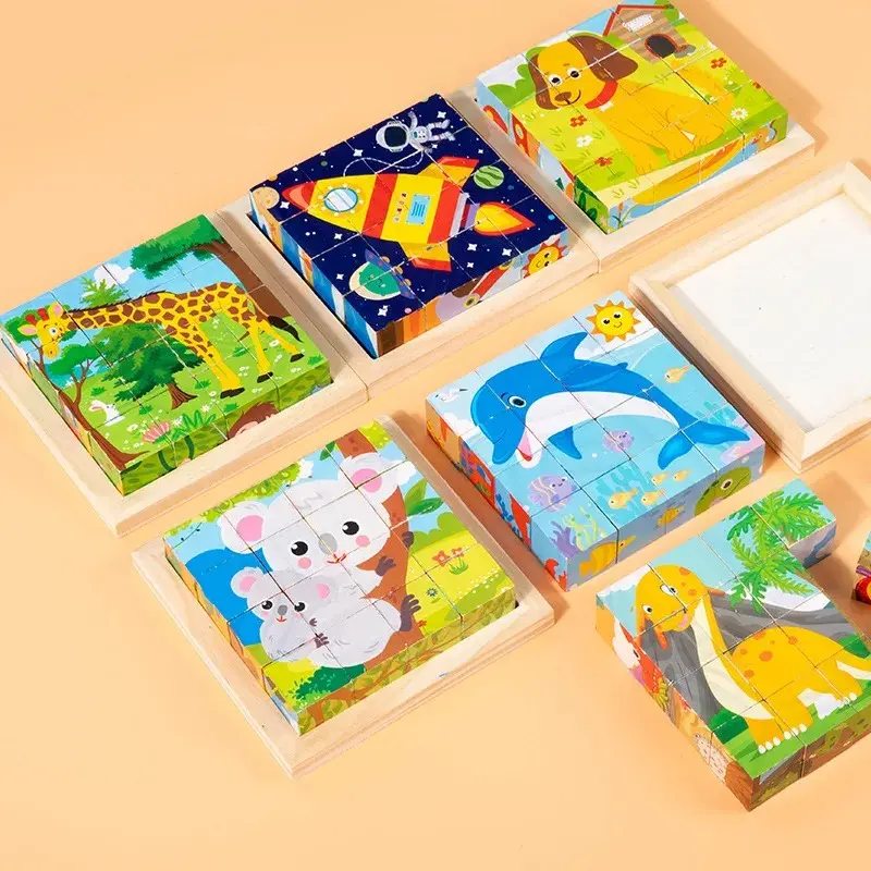 9Pcs Six-sided 3D Cubes Jigsaw Puzzles Tray Wooden Storage Toys For Children Kids Educational Toys Funny Games 3-9 years kids