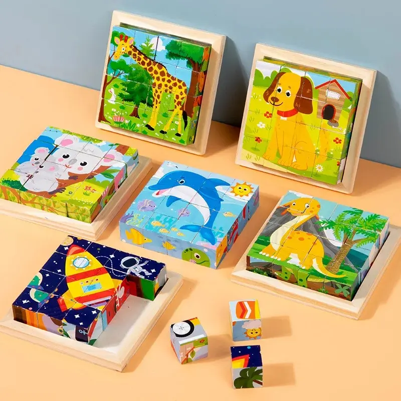 9Pcs Six-sided 3D Cubes Jigsaw Puzzles Tray Wooden Storage Toys For Children Kids Educational Toys Funny Games 3-9 years kids