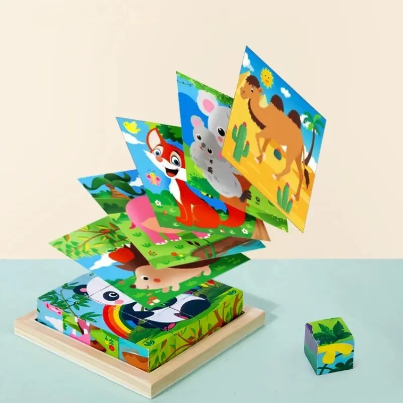 9Pcs Six-sided 3D Cubes Jigsaw Puzzles Tray Wooden Storage Toys For Children Kids Educational Toys Funny Games 3-9 years kids