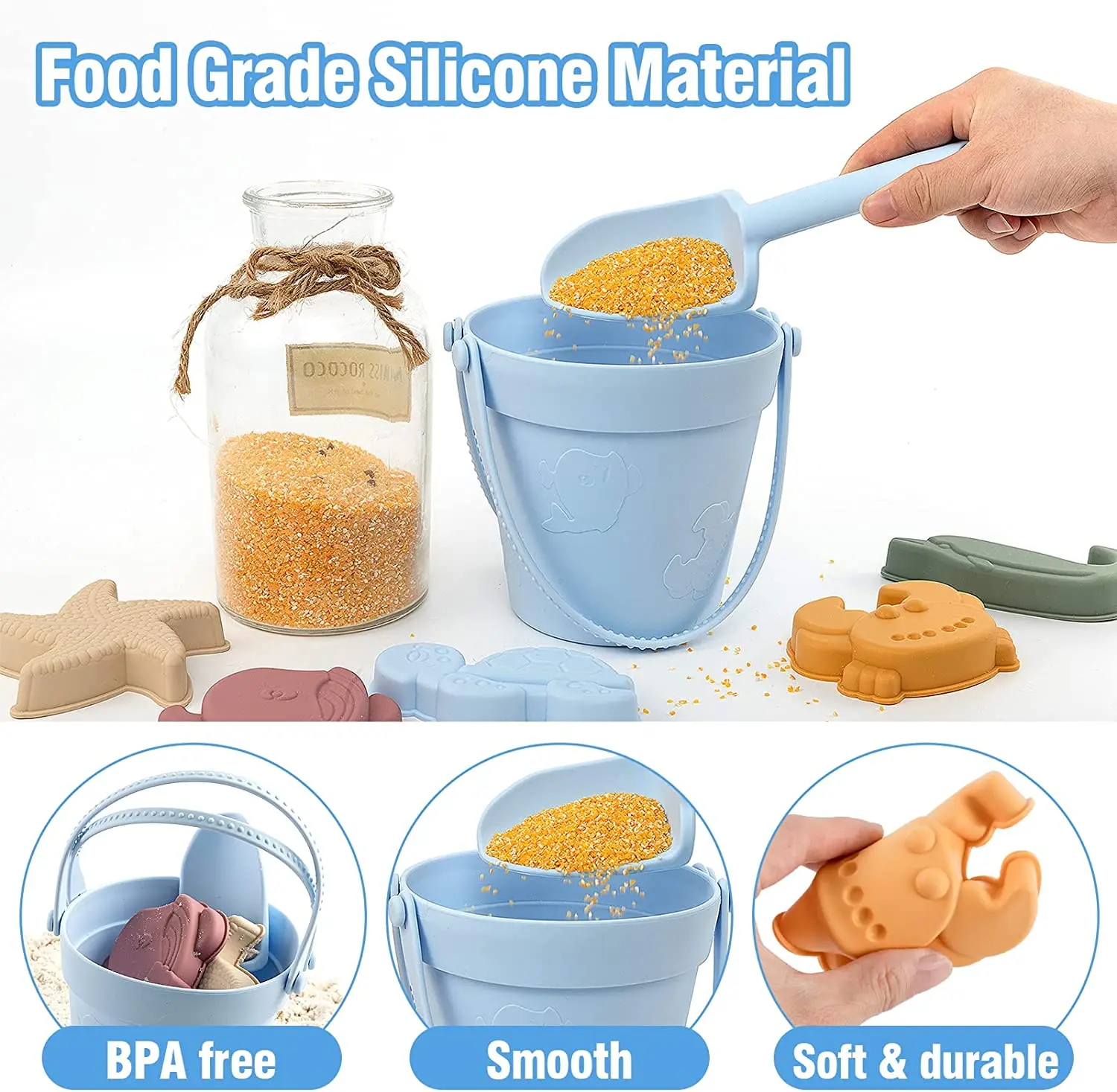 Silicone Bucket Shovel Beach Bucket Set Sand Toys for Kids Summer Travel Silicone Sand Molds Beach Bag Snow Toys for Toddlers