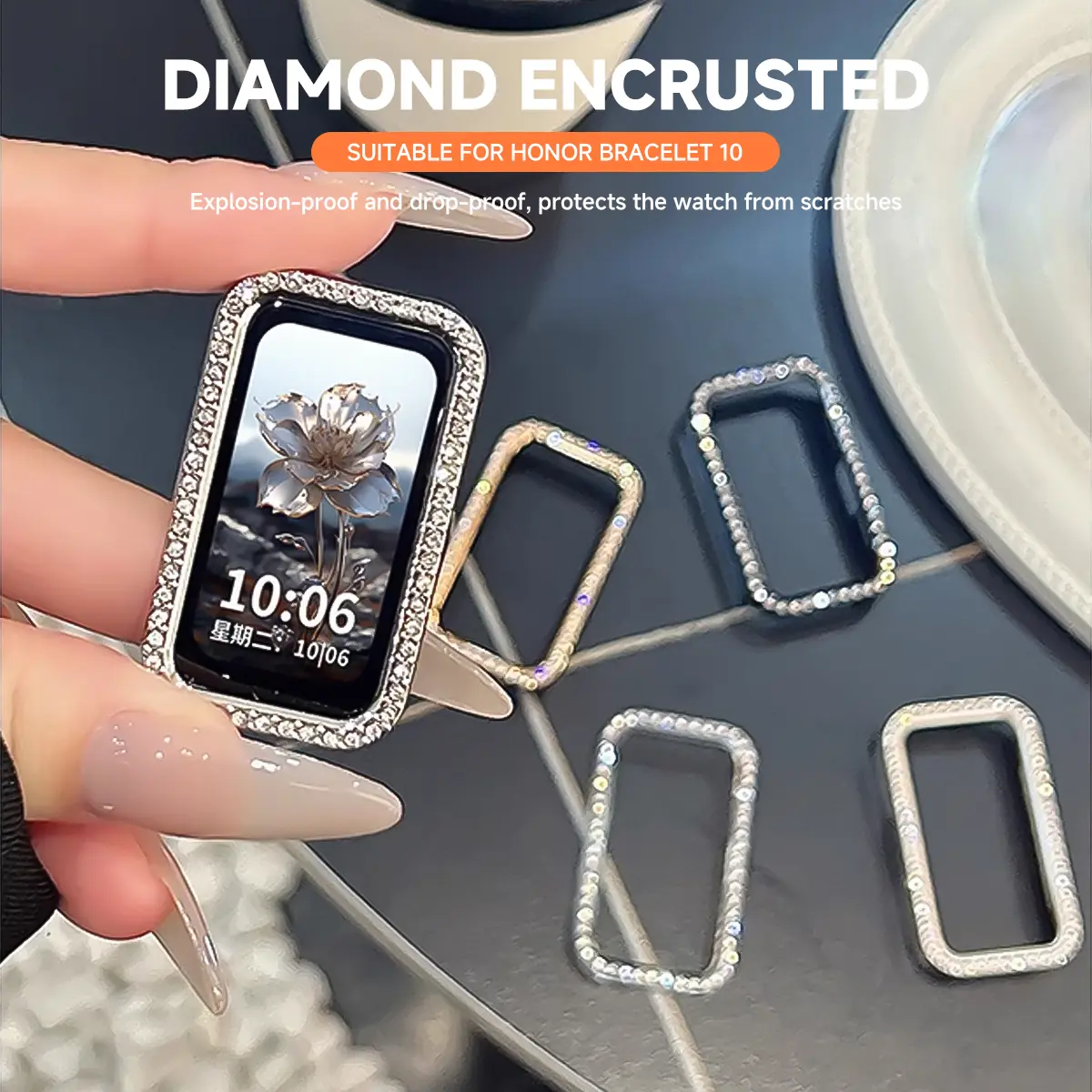 Watch Case For Honor Band 10 Hollow Cover With Plastic Diamonds Durable PC Protective Shell For Honor Band 10
