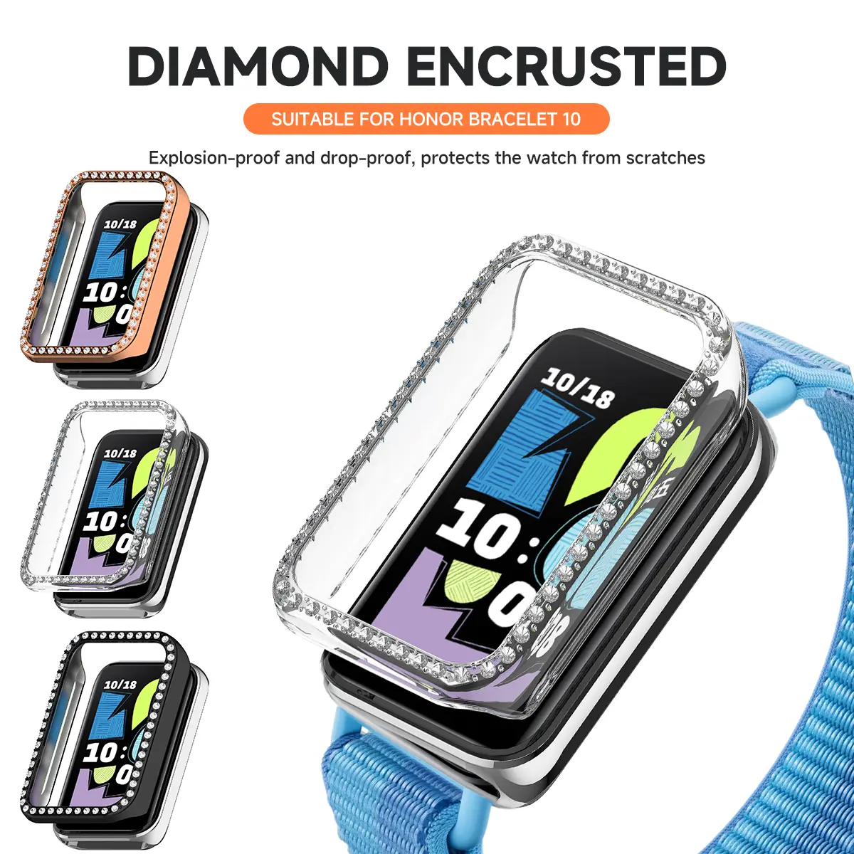 Watch Case For Honor Band 10 Hollow Cover With Plastic Diamonds Durable PC Protective Shell For Honor Band 10