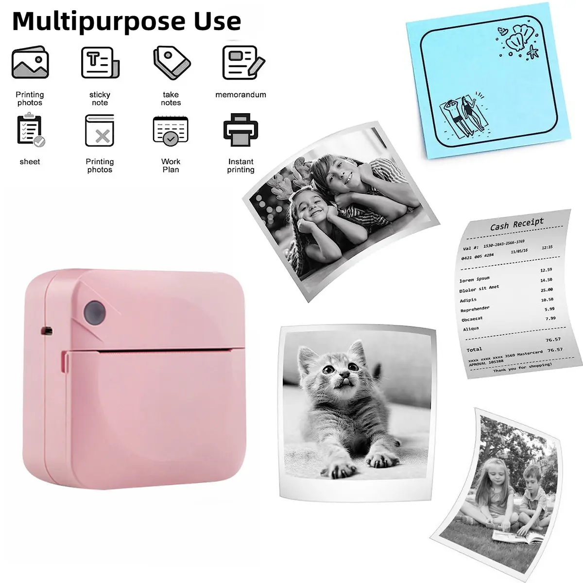 Mini Printer, Portable Thermal Printer Efficiently and Quickly, Inkless Pocket Photo Printer for Study Notes, Pictures, DIY