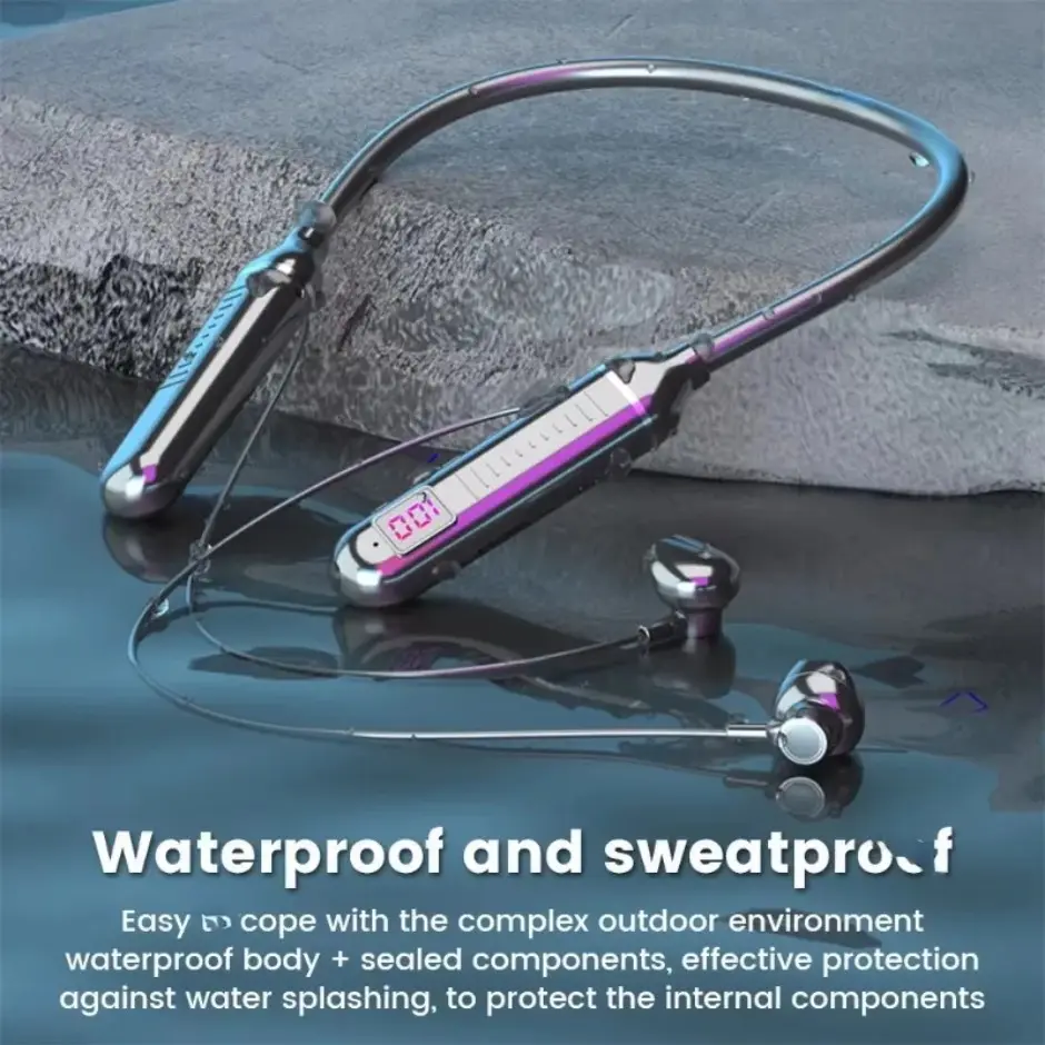 Muzisn Wireless Earphones 5.3 Neckband Headphones Gaming LED Display Stereo Sports Headset Halter Waterproof Magnetic Earbuds
