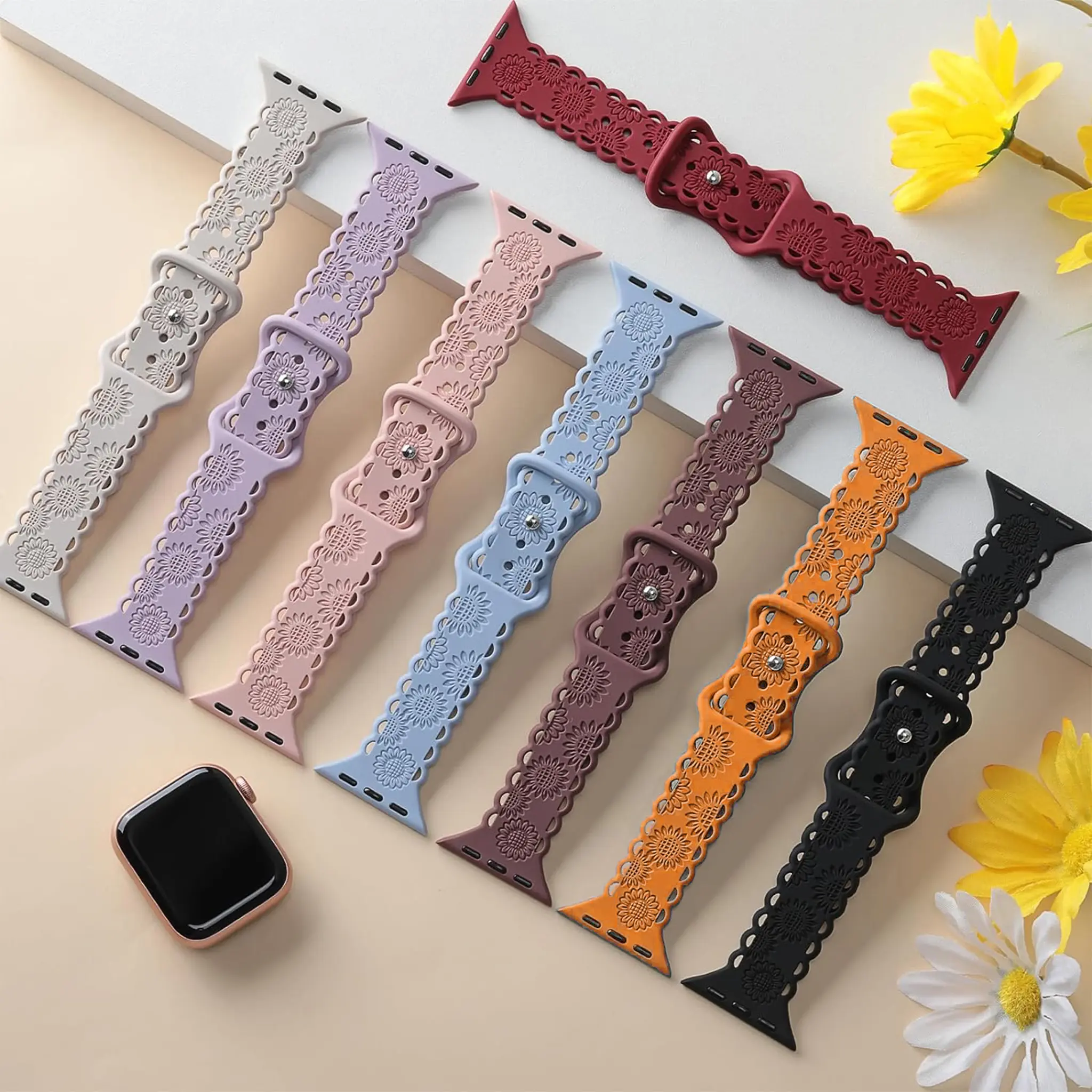 Strap For Apple Watch Band 44mm 42mm 41mm 40mm 45mm 49mm 46mm Floral Engraved bracelet correa iwatch series 10 9 7 SE 6 8 Ultra