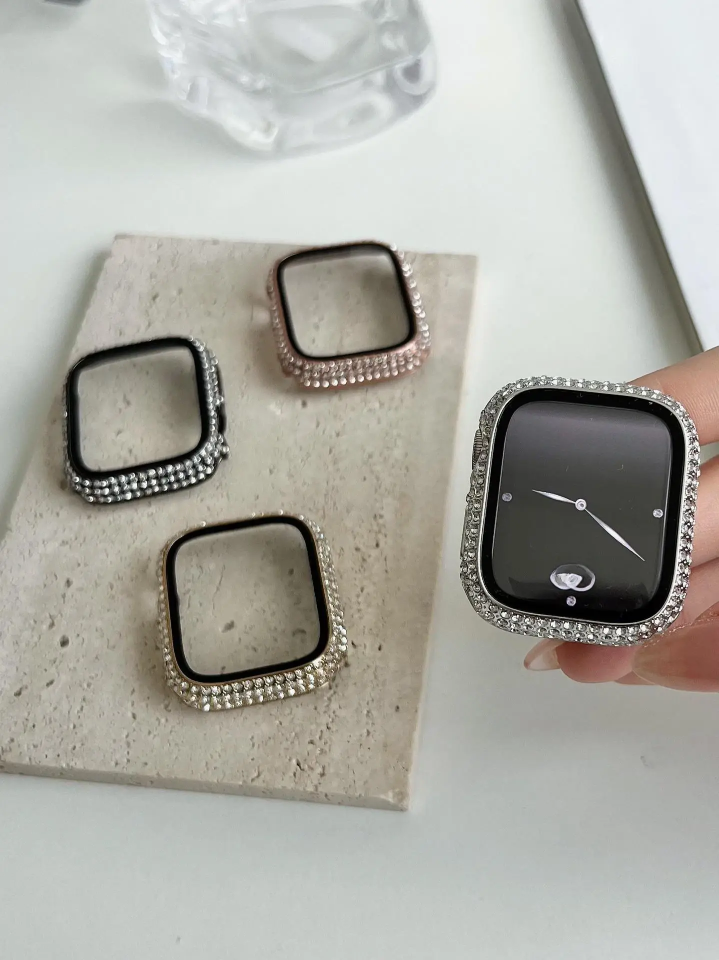 Rhinestone Decor Tempered Glass Screen Protector Watch Case For Apple Watch 38/40/41/42/44/45/46mm,Series SE/10/9/8/7/6/5/4/3/2
