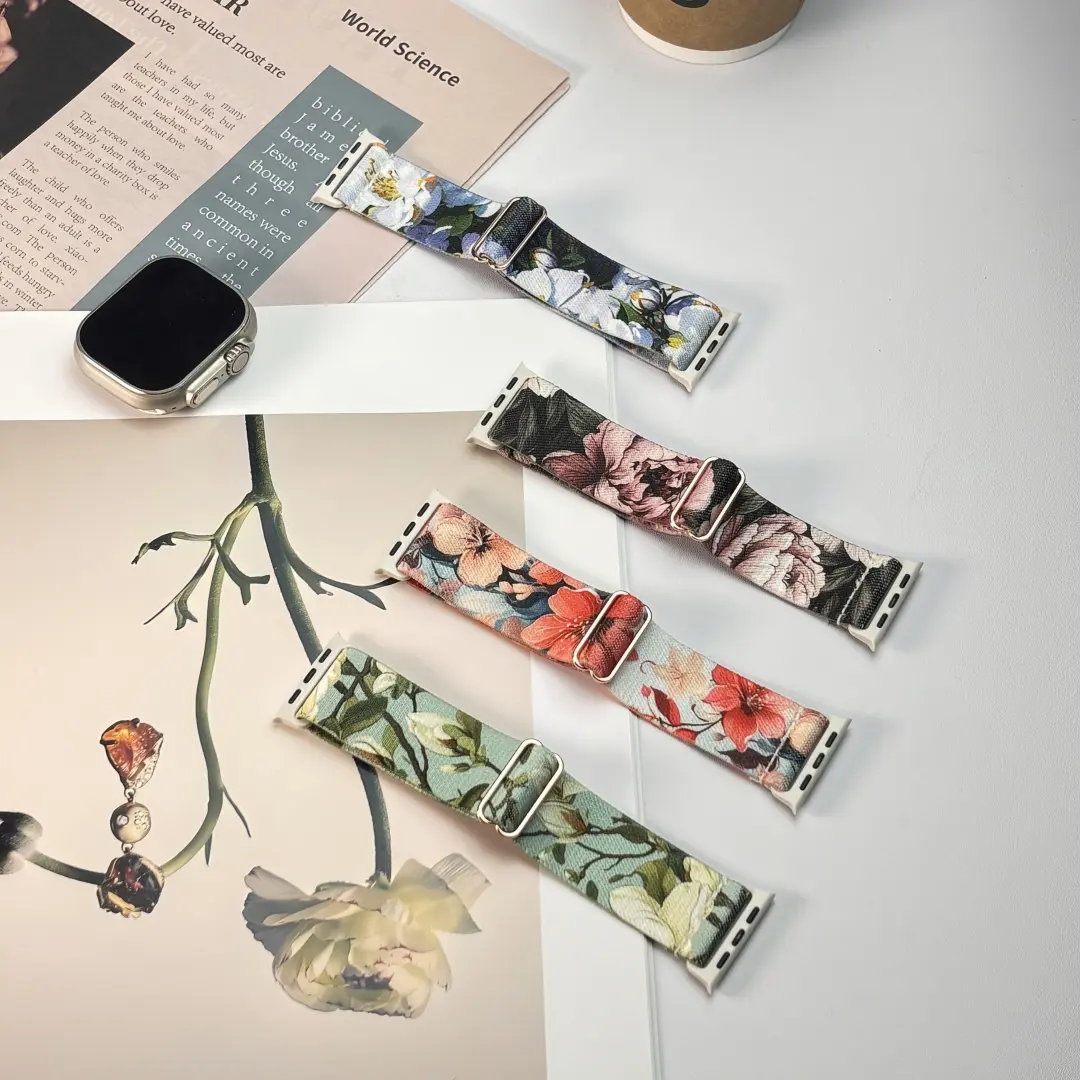Adorable Flower Pattern Elastic Woven Nylon Strap for Apple Watch Ultra 2/SE/9-3 - 38/40/41/42/44/45/46/49mm