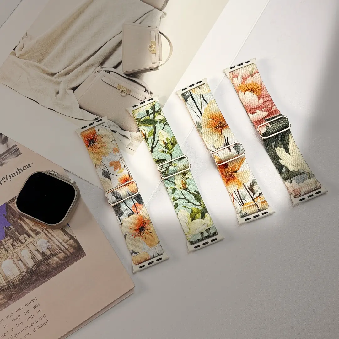Adorable Flower Pattern Elastic Woven Nylon Strap for Apple Watch Ultra 2/SE/9-3 - 38/40/41/42/44/45/46/49mm