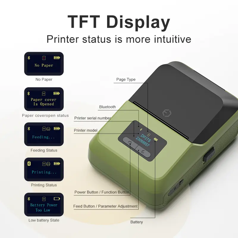 DETONGER 2inch TFT Display Mini Printer Wireless BT Connect Compatible / iOS Android for Home&Office Cable Sticker Printer