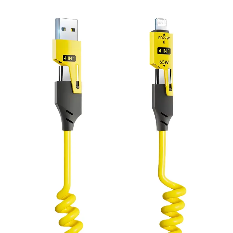 65W Quick Charger Spring USB Cable 4 in 1 Spring Data Cable 6A USB Type C Spring Telescopic Wire for iPhone iPad MacBook Huawei