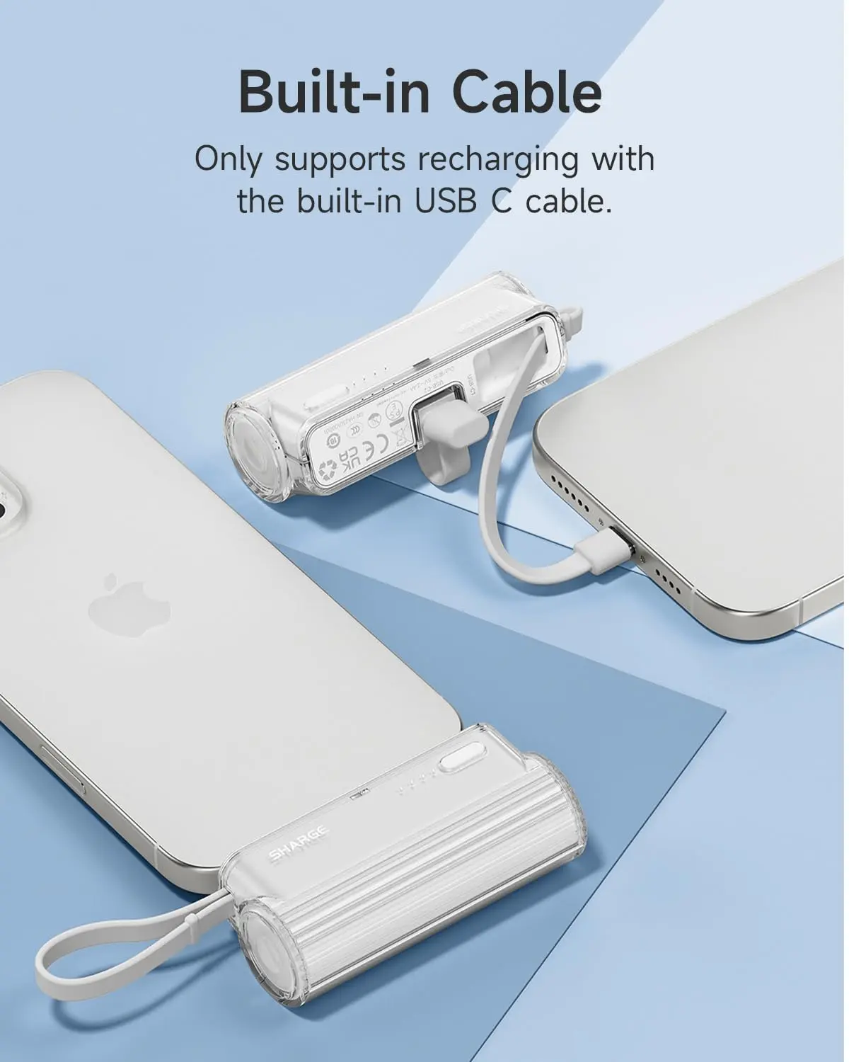 SHARGE Portable Charger Small Power Bank with Changeable Plugs Built in Cable, 5000mAh USB-C Battery Pack for iPhone 16