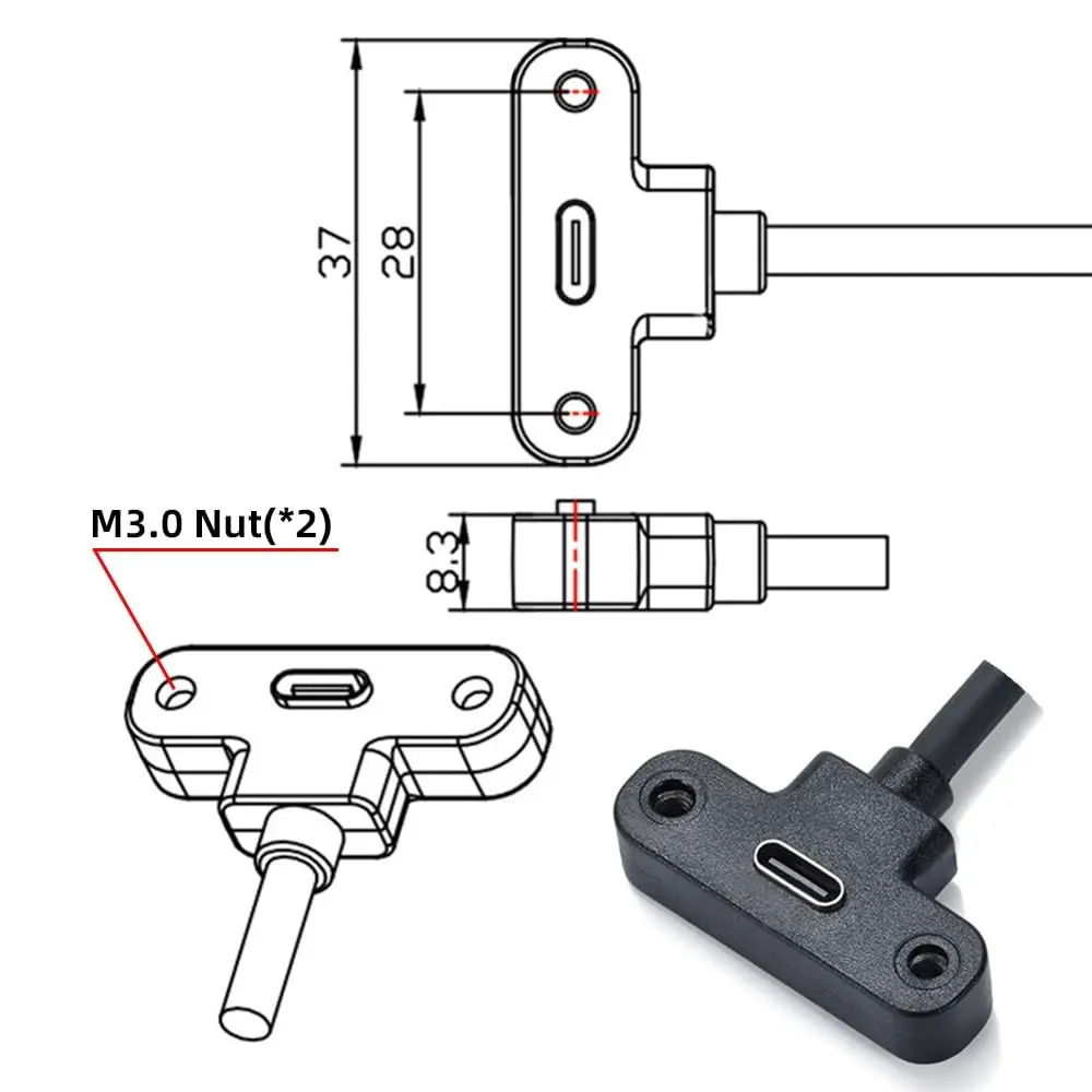 USB 2.0 Tyep C Panel Mount Adapter Cable 90 Degree Angle USB C Male to Female Extension Cable with Panel Mount Screw 1ft/30cm