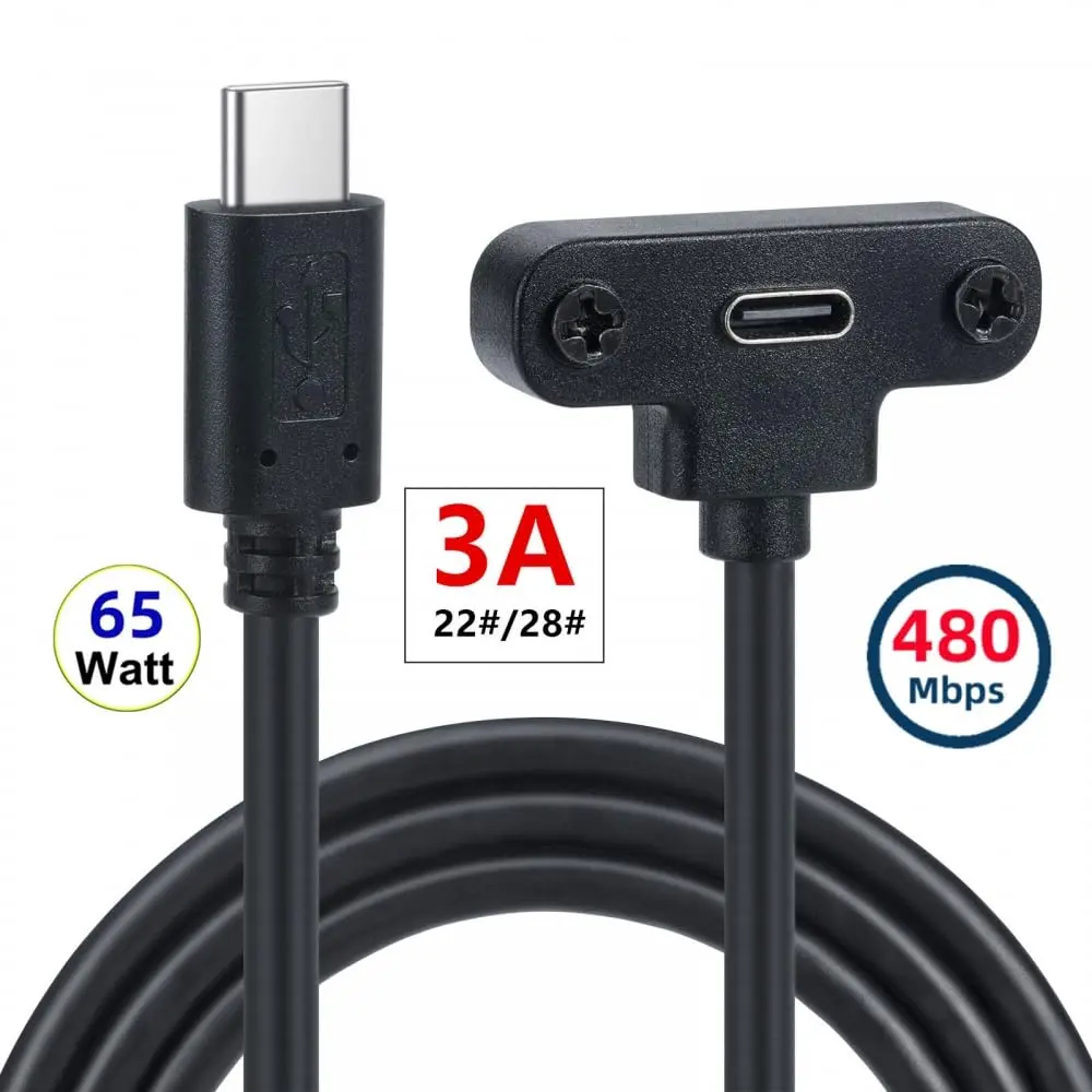 USB 2.0 Tyep C Panel Mount Adapter Cable 90 Degree Angle USB C Male to Female Extension Cable with Panel Mount Screw 1ft/30cm