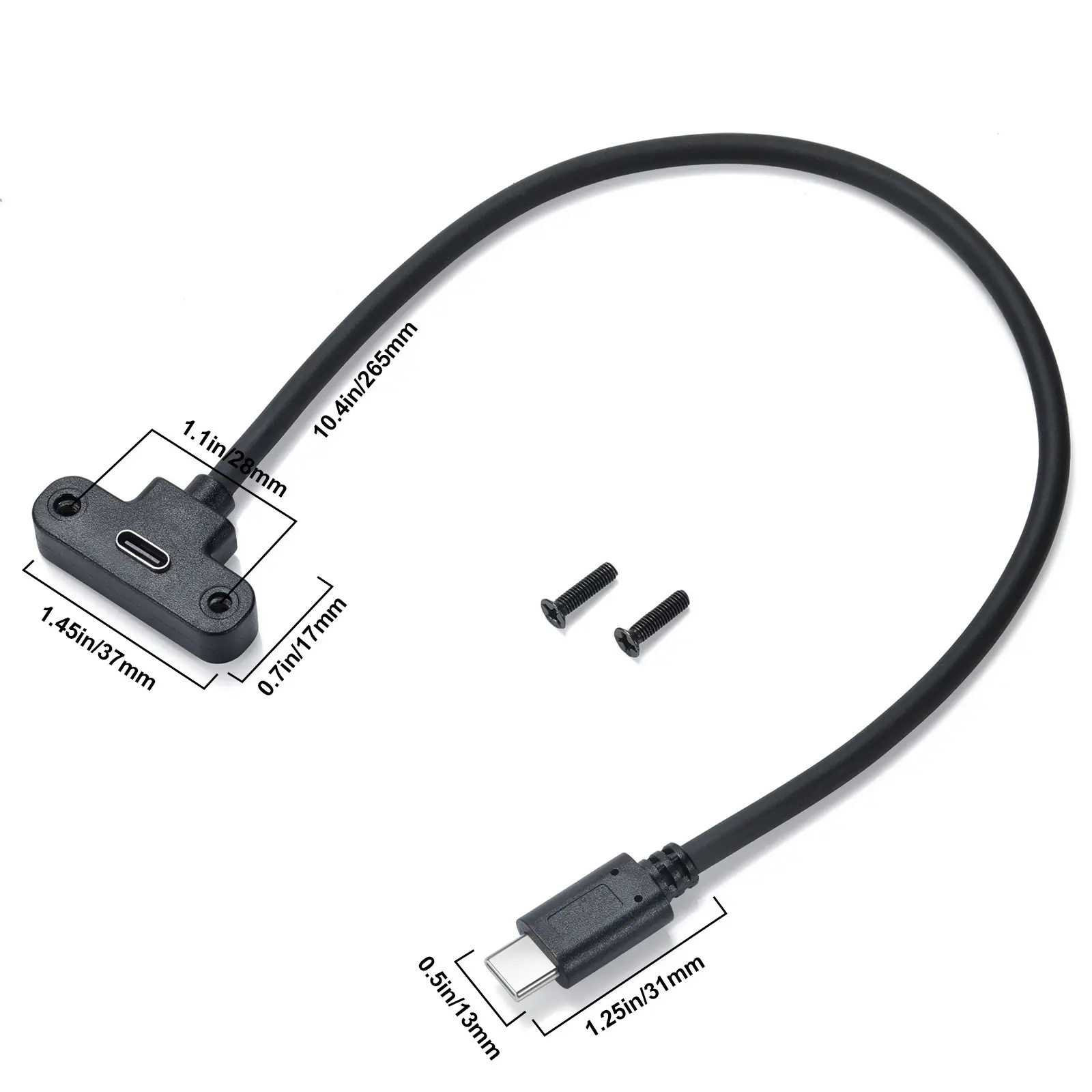 USB 2.0 Tyep C Panel Mount Adapter Cable 90 Degree Angle USB C Male to Female Extension Cable with Panel Mount Screw 1ft/30cm