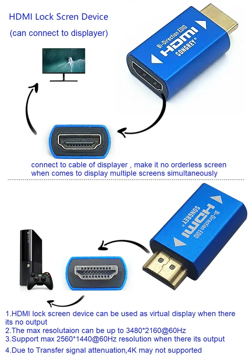 SONGREY HDMI EDID Emulator 1080P PassThrough Adapter Dummy Plug  for Extender/KVM Switch/AV Receiver/Video Splitters/ Xbox
